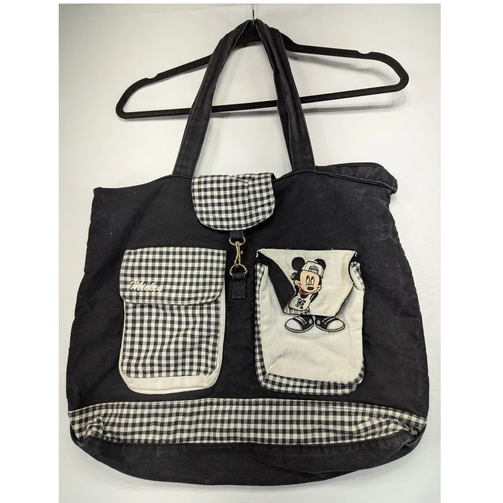 Disney Mickey Mouse Black Canvas Tote Bag Gingham Pockets Cartoon Character